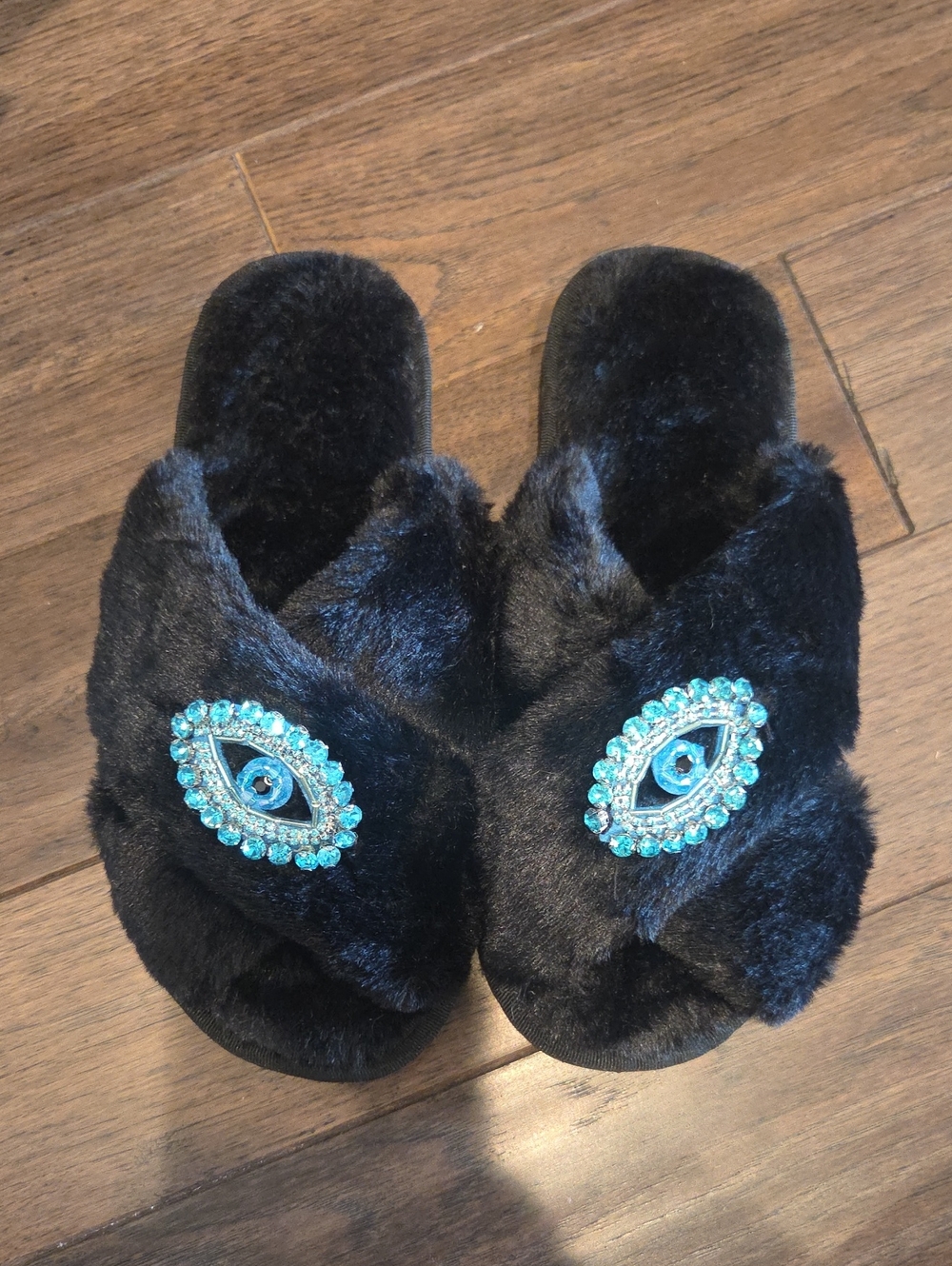 Plush Black Fur Slide Slippers with Turquoise Evil Eye Gem Embellishment